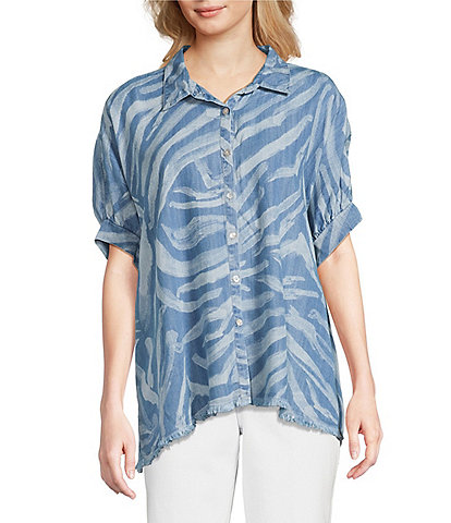 Tru Luxe Jeans Chambray Point Collar Elbow Sleeve Button Front Shirt