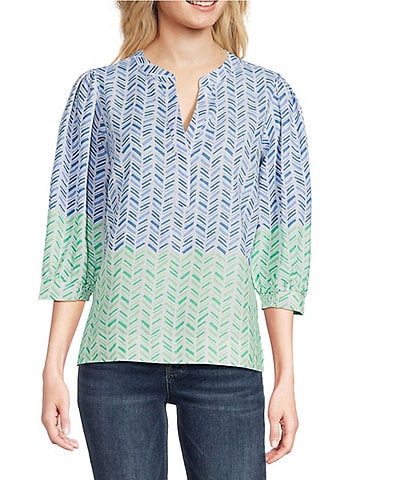 Tru Luxe Jeans Chevron Linen Blend 3/4 Sleeve Popover