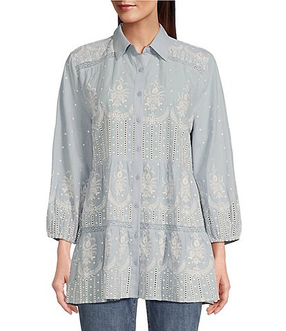 Tru Luxe Jeans Cotton Lawn Collar Long Sleeve Embroidered Lace High-Low Hem Button Front Shirt