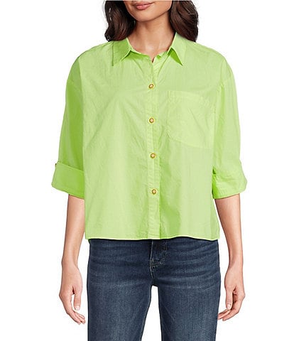 Tru Luxe Jeans Cotton Poplin Point Collar 3/4 Sleeve Camp Shirt