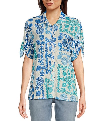 Tru Luxe Jeans Crinkle Knit Placed Print Collared High-Low Button Front Shirt