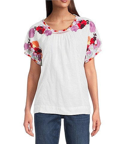 Tru Luxe Jeans Embroidered Batteau Neck Short Sleeve Top