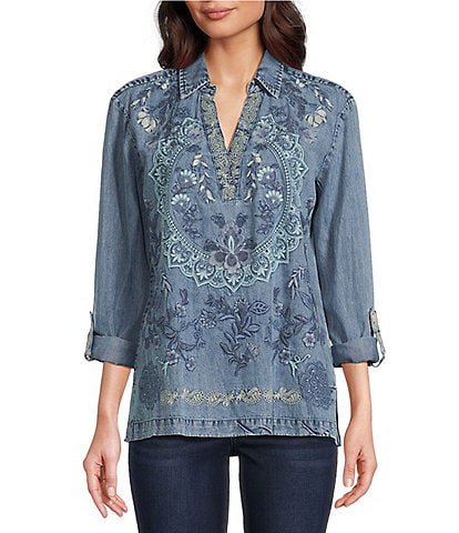 Tru Luxe Jeans Embroidered Collared V Neckline Long Sleeve Roll Tab Shirt