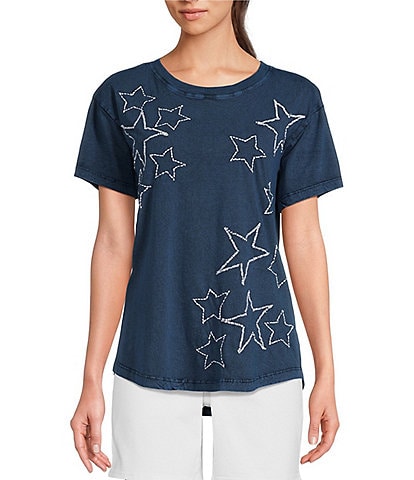 Tru Luxe Jeans Embroidered Star Crew Neck Short Sleeve Top