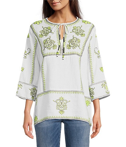 Tru Luxe Jeans Embroidery Round Tie Neck 3/4 Sleeve Tunic