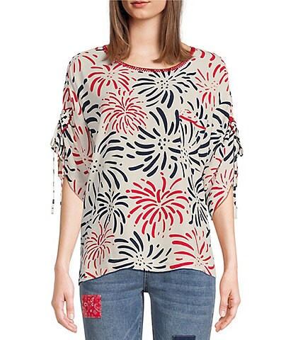 Tru Luxe Jeans Firework Print Round Neck Short Sleeve Crepe Boxy Top
