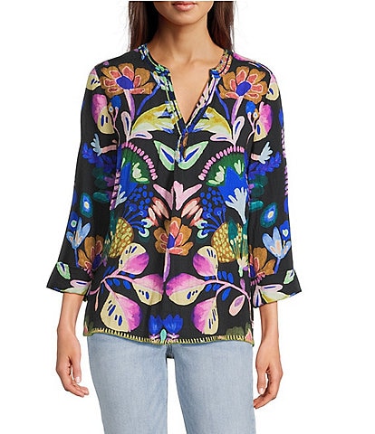 Tru Luxe Jeans Floral Crinkle Embroidered Trim Split Neck 3/4 Sleeve Top
