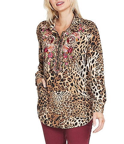 Tru Luxe Jeans Floral Embroidered Leopard Print Knit Point Collar Long Sleeve Top