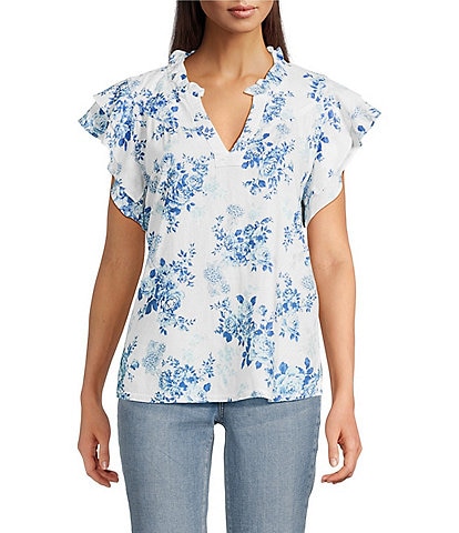 Tru Luxe Jeans Floral Linen Blend Ruffle Split V-Neck Flutter Sleeve Blouse