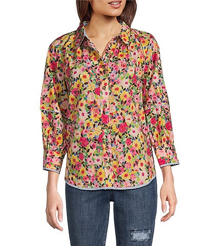 Tru Luxe Jeans Floral Point Collar 3/4 Balloon Sleeve Blouse