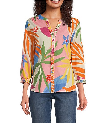 Tru Luxe Jeans Floral Textured Cotton Split V-Neck 3/4 Sleeve Blouse