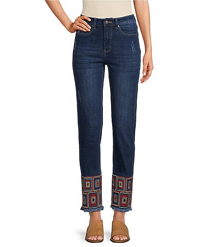 Tru Luxe Jeans High Rise Straight Leg Embroidered Hem Ankle Jeans