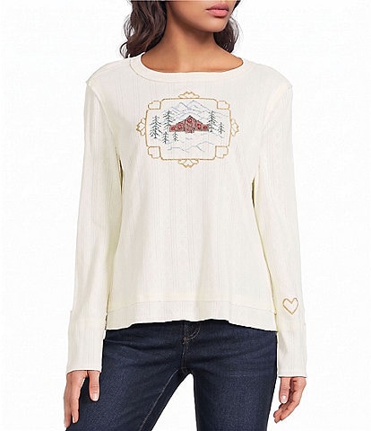 Tru Luxe Jeans Knit Embroidered Long Sleeve Top