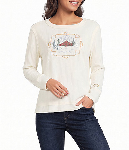 Tru Luxe Jeans Knit Embroidered Long Sleeve Top