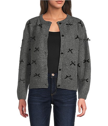 Tru Luxe Jeans Knit Round Neck Long Sleeve Button Front Bow Cardigan