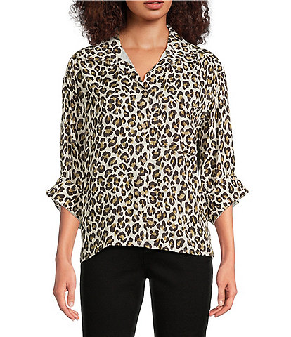 Tru Luxe Jeans Leopard Print 3/4 Sleeve Button Front Shirt
