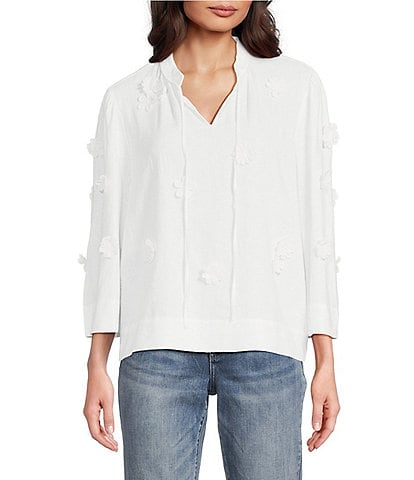 Tru Luxe Jeans Linen Blend Split Crew Neck 3/4 Sleeve Applique Flowers Blouse