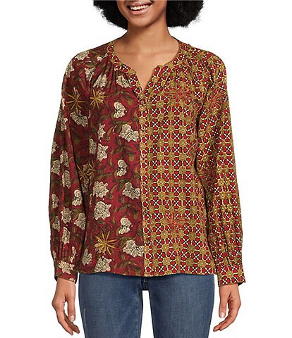 Tru Luxe Jeans Medallion Floral Print Poplin Split Neck Long Sleeve Embroidered Button Front Top
