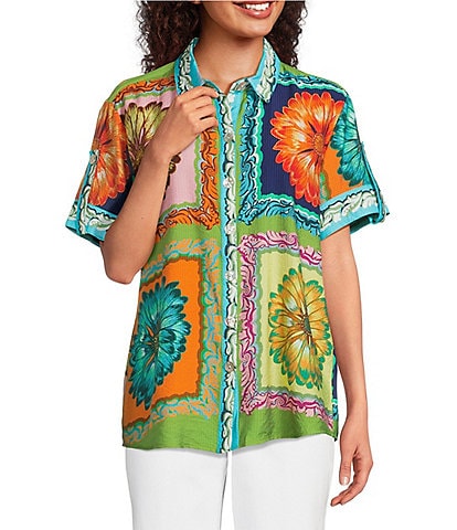 Tru Luxe Jeans Point Collar Short Sleeve Crinkle Print Shirt