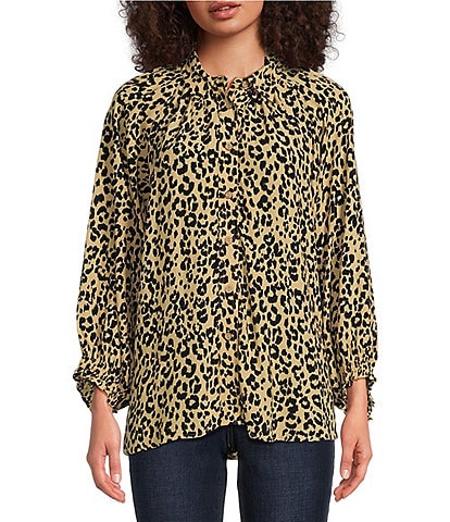 Tru Luxe Jeans Printed Crepe Collared 3/4 Sleeve Button Down Top