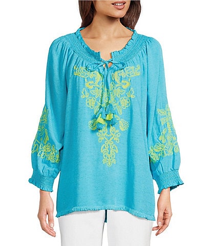 Tru Luxe Jeans Scoop Neck 3/4 Sleeve Embroidered Peasant Linen Blend Top