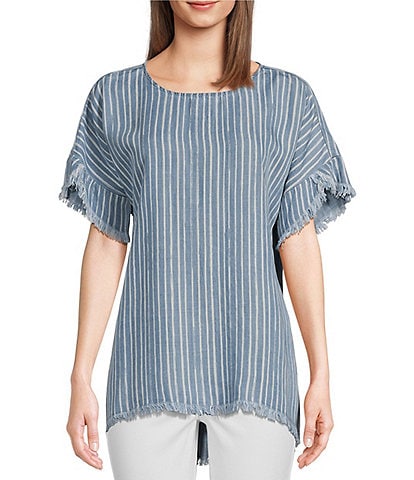 Tru Luxe Jeans Short Sleeve Scoop Neck Lace-Up Back Striped Blouse