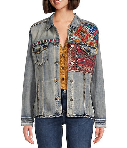 Tru Luxe Jeans Stretch Embroidered Collared Long Sleeve Denim Jacket