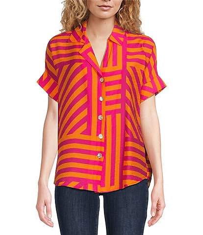 Tru Luxe Jeans Textured Crinkle Abstract Striped Print Collared Short Sleeve Button-Front Camp Shirt