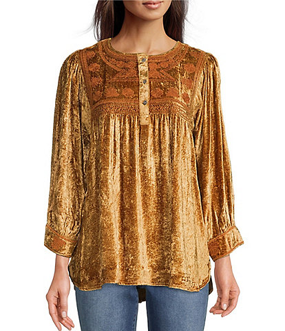 Tru Luxe Jeans Tonal Embroidered Washed Velvet Round Neck 3/4 Sleeve High-Low Hem Top