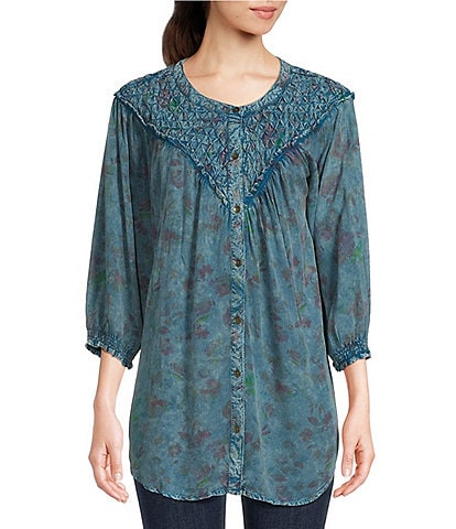 Tru Luxe Jeans Tonal Floral Print Challis Woven Round Neck Smocked Cuff Sleeve Tucked Yoke Top