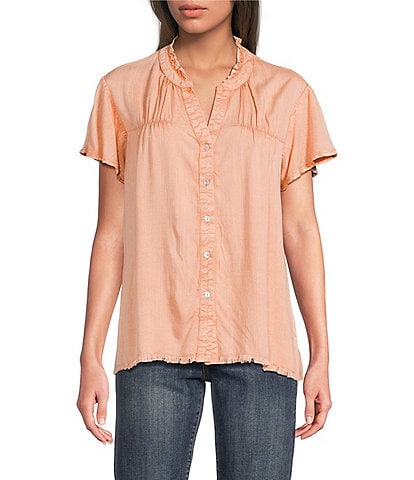 Tru Luxe Jeans Tonal Floral Split Neck Flounce Cap Sleeve Top
