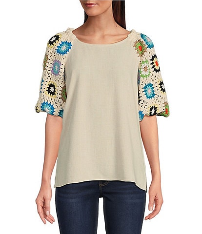 Tru Luxe Jeans Washed Linen Boat Neck Elbow Length Crochet Floral Sleeve High-Low Hem Tunic