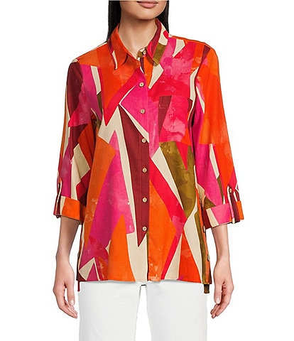 Tru Luxe Jeans Woven Abstract Point Collar 3/4 Roll-Tab Sleeve High-Low Hem Button Front Tunic