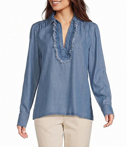 Tru Luxe Jeans Woven Denim Split Neck Long Sleeve Top