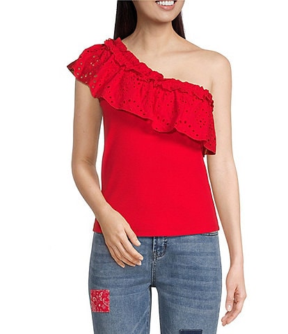 Tru Luxe Jeans Woven Eyelet Ribbed Ruffle Asymmetric One Shoulder Sleeveless Solid Knit Top