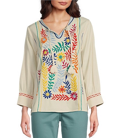 Tru Luxe Jeans Woven Folklore Floral Leaf Embroidered Split V-Neck Long Sleeve Tie Tassel Tunic
