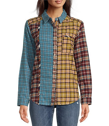 Tru Luxe Jeans Woven Mixed Brushed Plaid Point Collar Neck Long Sleeve Button Front Shirt