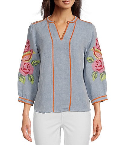 Tru Luxe Jeans Y-Neck 3/4 Sleeve Floral Embroidery Linen Blend Chambray Blouse