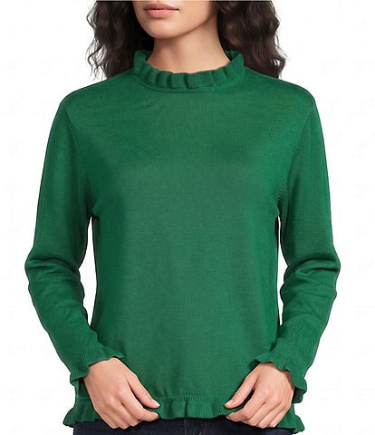 Tru Luxe Solid Ruffle Trim Long Sleeve Pullover Sweater