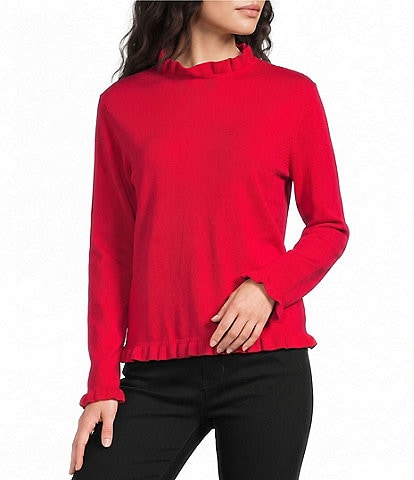 Tru Luxe Solid Ruffle Trim Long Sleeve Pullover Sweater