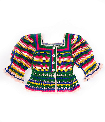 Truce Big Girls 7-16 Puffed Sleeve Striped Crocheted Top