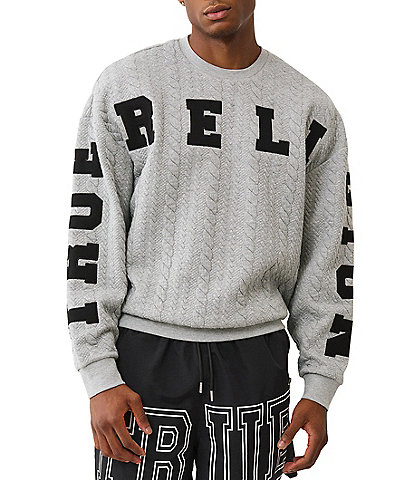 True Religion Logo Applique Long Sleeve Cable Knit Textured Fleece Lined Sweatshirt