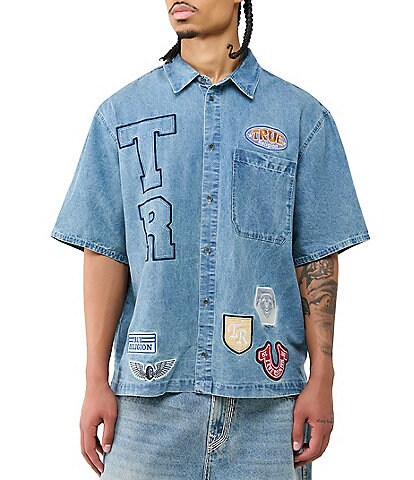 True Religion Short Sleeve Denim Logo Patchwork Shirt