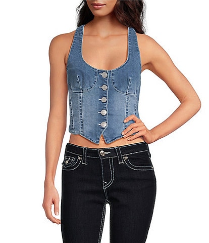 True Religion Stretch Denim Scoop Neck Button Front Corset Top