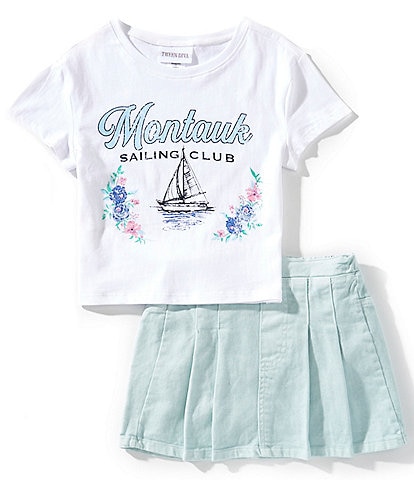 Tween Diva Big Girls 7-12 Montauk Sailing Club Graphic T-Shirt & Pleated Denim Skirt Two-Piece Set