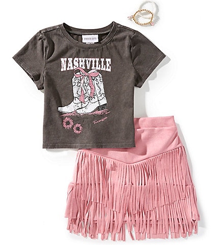 Tween Diva Big Girls 7-12 Short Sleeve Nashville Graphic T-Shirt & Fringe-Trimmed Faux-Suede Skort Set