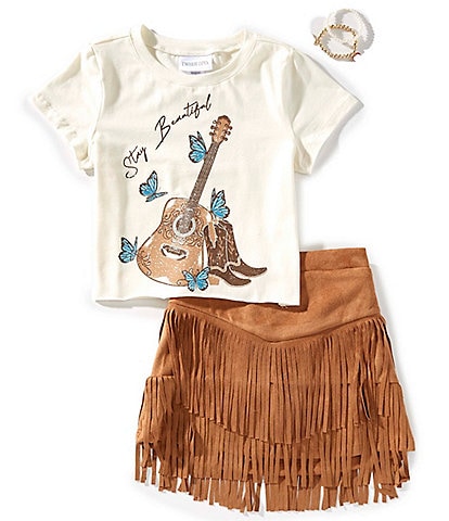 Tween Diva Big Girls 7-12 Short Sleeve Stay Beautiful Graphic T-Shirt & Fringe-Trimmed Faux-Suede Skort Set