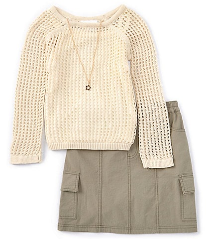 Tween Diva Big Girls 7-16 Long-Sleeve Crocheted Sweater, Sleeveless Knit Tank Top & Woven Utility Skirt Set