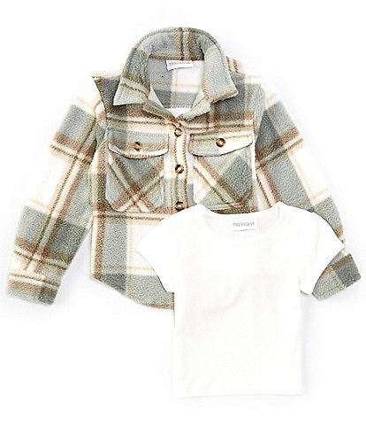 Tween Diva Big Girls 7-16 Long Sleeve Plaid Woven Shacket & Short Sleeve Rib-Knit T-Shirt