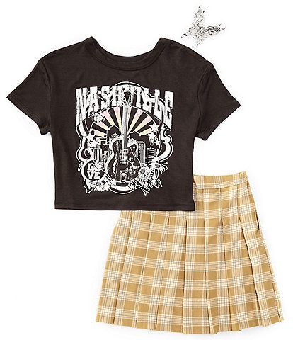 Tween Diva Big Girls 7-16 Short-Sleeve Graphic Double-Knit T-Shirt & Plaid Pleated Skirt Set